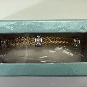 Gold tone twisted cable bangle bracelet with cz rhinestone accents NEW